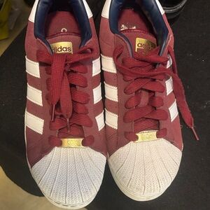 Adidas Maroon and White Shell Toe Super star Sneakers